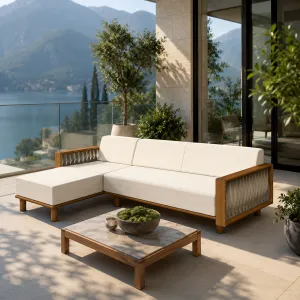 Luxury Three-Seater Sofa with Left Chaise Lounge | Teak Wood & Woven Accordion Lifestyle View by Luxury Group International
