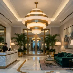 Luxury Tiered Alabaster Ceiling Lamp with Brushed Brass Art Deco Design Lifestyle View by Luxury Group International