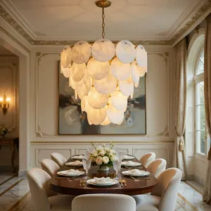 Luxus Stufiger Alabaster-Scheiben-Kronleuchter mit gebürstetem Messinggestell für elegante Innenräume Lifestyle-Ansicht von Luxury Group International