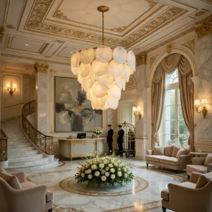 Luxus Stufiger Alabaster-Scheiben-Kronleuchter mit gebürstetem Messinggestell für elegante Innenräume Lifestyle-Ansicht von Luxury Group International