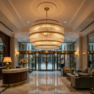 Lampadario di Cristallo a Più Livelli – Lampada a Sospensione Dorata Multistrato Vista lifestyle di Luxury Group International