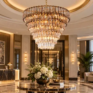 Luxuriöser, mehrstufiger Kristallleuchter mit goldenem Rahmen und facettierten Glastropfen – 86 cm – Luxus-Kronleuchter Lifestyle-Ansicht von Luxury Group International