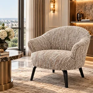 Fauteuil de luxe en tweed beige avec dossier incurvé et pieds noirs - Mobilier de luxe pour hôtels Vue lifestyle par Luxury Group International