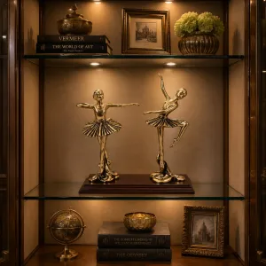 Luxury Twin Ballerina Bronze Sculpture on Stepped Wooden Base - Luxury Bronze Figure Lifestyle View by Luxury Group International