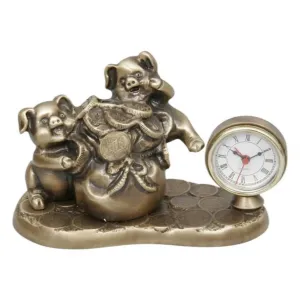 Luxury Two-Pig Bronze Table Clock with Money Sack on Coin Motif Base - Luxury Bronze Figure by Luxury Group International