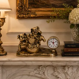 Luxury Two-Pig Bronze Table Clock with Money Sack on Coin Motif Base - Luxury Bronze Figure Front View by Luxury Group International