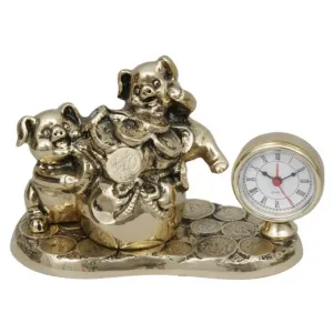 Luxury Two-Pig Bronze Table Clock with Money Sack on Coin Motif Base - Luxury Bronze Figure by Luxury Group International