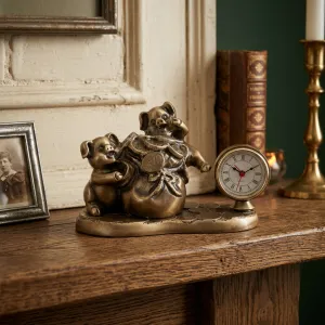 Luxury Two-Pig Bronze Table Clock with Money Sack on Coin Motif Base - Luxury Bronze Figure Lifestyle View by Luxury Group International
