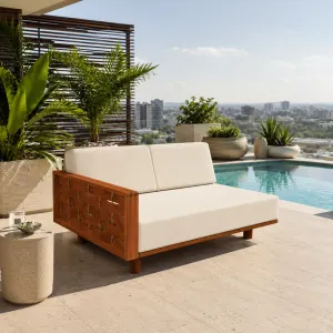 Luxury Two-Seater Teak Outdoor Sofa with Left Armrest Lifestyle View by Luxury Group International