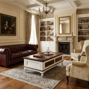Luxury Two-Tone Wooden Coffee Table with Panelled Front and Carved Feet - Luxury Coffee Table Lifestyle View by Luxury Group International