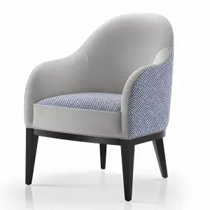 Luxus gepolsterter Sessel aus weichem elfenbeinfarbenem Stoff mit blauer geometrischer Rückenlehne und mattschwarzen Holzbeinen Vorderansicht von Luxury Group International