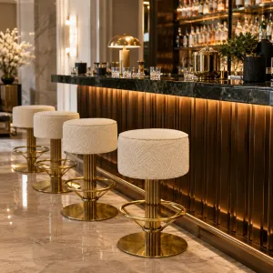 Luxury Upholstered Bar Stool with Gold Pedestal Base H. 68 cm. - Luxury Bar Furniture Lifestyle View by Luxury Group International