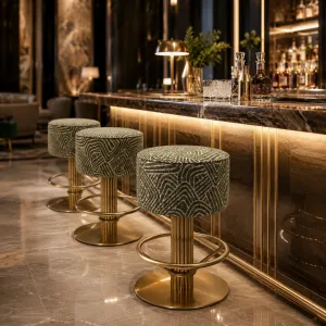 Luxury Upholstered Bar Stool with Gold Pedestal Base H. 68 cm. - Luxury Bar Furniture Lifestyle View by Luxury Group International