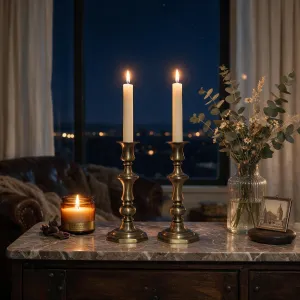 Luxury Urn-Form Bronze Candlestick Pair with Flared Candle Cups Lifestyle View by Luxury Group International