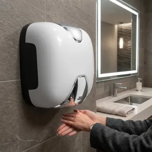 Luxury UV-C Automatic Hand Dryer with Blue LED Illumination in White & Grey Color Variations Lifestyle View by Luxury Group International
