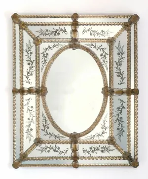 Luxury Venetian Baroque Glass Wall Mirror with Oval Centre and Hand-Etched Floral Frame Front View by Luxury Group International