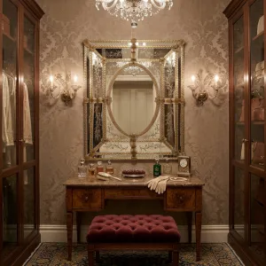 Luxury Venetian Baroque Glass Wall Mirror with Oval Centre and Hand-Etched Floral Frame Lifestyle View by Luxury Group International