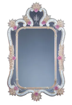 Miroir Mural Baroque Vénitien de Luxe avec Accents Floraux Roses & Couronne en Cadre Verre Ivoire Doré Vue de face par Luxury Group International