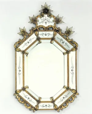 Luxury Venetian Style Baroque Wall Mirror with Antique Gold Etched Glass Frame Front View by Luxury Group International
