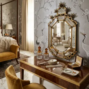 Luxury Venetian Style Baroque Wall Mirror with Antique Gold Etched Glass Frame Lifestyle View by Luxury Group International