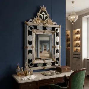 Miroir Mural Baroque de Style Vénitien de Luxe avec Couronne Florale Ornée Noire et Dorée Vue lifestyle par Luxury Group International