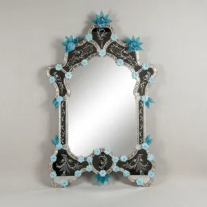 Miroir Mural Baroque de Style Vénitien de Luxe avec Ornements en Cristal Floral Bleu dans un Cadre en Verre Noir Vue de face par Luxury Group International
