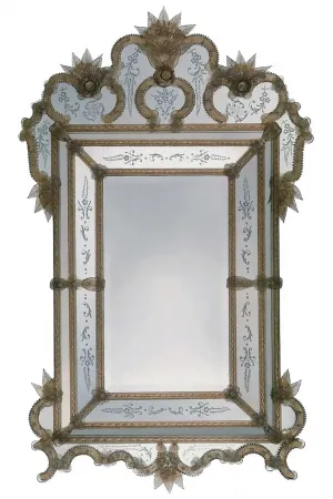 Luxury Venetian Style Baroque Wall Mirror with Ornate Crown Crest in Etched Glass Frame Front View by Luxury Group International