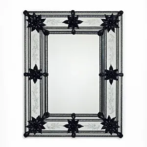 Luxury Venetian Style Black Glass Wall Mirror with Floral Etched Frame & Starburst Accents Front View by Luxury Group International