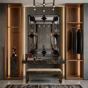 Luxury Venetian Style Black Glass Wall Mirror with Floral Etched Frame & Starburst Accents Lifestyle View by Luxury Group International