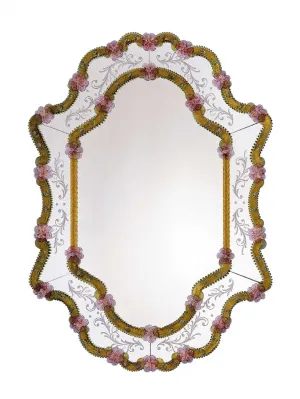 Miroir Mural en Verre Courbé Style Vénitien de Luxe avec Cadre Orné Doré et Décor Floral Rose Vue de face par Luxury Group International