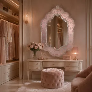 Miroir Mural en Verre de Style Vénitien de Luxe avec Cadre en Cristal Floral Teinté Rose Vue lifestyle par Luxury Group International