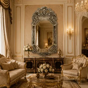 Grand Miroir Mural de Style Vénitien de Luxe avec Couronne Baroque Argentée Ornée et Cadre Floral Gravé à la Main Vue lifestyle par Luxury Group International