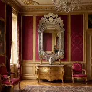 Grand Miroir Mural de Style Vénitien de Luxe avec Couronne Baroque Argentée Ornée et Cadre Floral Gravé à la Main Vue lifestyle par Luxury Group International