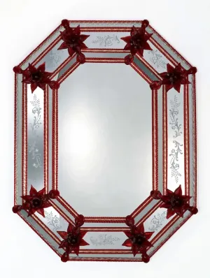 Luxury Venetian Style Octagonal Red Glass Wall Mirror with Floral Etched Frame & Starburst Accents Front View by Luxury Group International