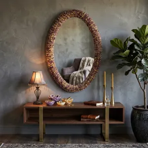 Luxury Venetian Style Oval Wall Mirror with Handcrafted Amethyst Rosette Glass Frame Lifestyle View by Luxury Group International