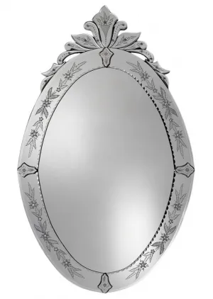 Miroir Mural Ovale de Style Vénitien de Luxe avec Cadre Baroque Argenté Gravé de Fleurs & Couronne Ornée Vue de face par Luxury Group International