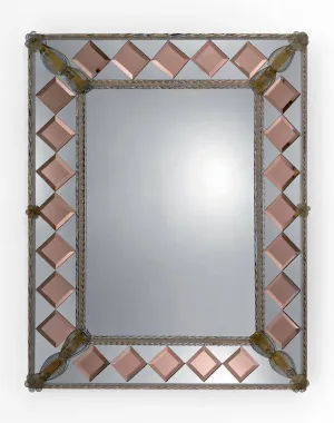 Luxury Venetian Style Rectangular Glass Wall Mirror with Pink Diamond Bevelled Accents Front View by Luxury Group International