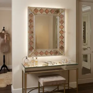 Luxury Venetian Style Rectangular Glass Wall Mirror with Pink Diamond Bevelled Accents Lifestyle View by Luxury Group International