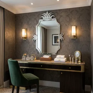 Specchio da Parete di Lusso in Stile Veneziano con Cornice Barocca Argento Ispirata alle Palme e Dettagli a Perline Vista lifestyle di Luxury Group International