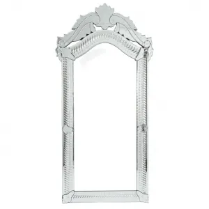 Luxury Venetian Style Wall Mirror with Silver Floral Baroque Crown and Etched Beaded Frame Front View by Luxury Group International