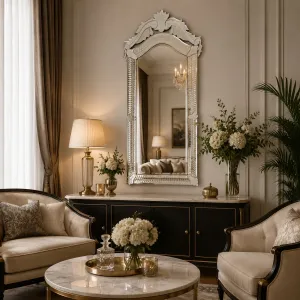 Luxury Venetian Style Wall Mirror with Silver Floral Baroque Crown and Etched Beaded Frame Lifestyle View by Luxury Group International