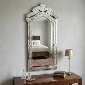 Luxury Venetian Style Wall Mirror with Silver Floral Baroque Crown and Etched Beaded Frame Lifestyle View by Luxury Group International