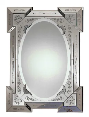 Miroir Mural Vénitien de Luxe avec Noyau Miroir Ovale & Cadre Baroque Argenté Gravé Floral à Étages Vue de face par Luxury Group International