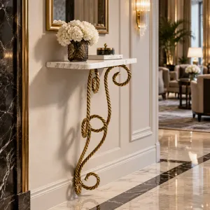 Luxury Wall Mounted Console Table with Marble Top & Golden Twisted Scroll Support -Luxury Furniture Lifestyle View by Luxury Group International
