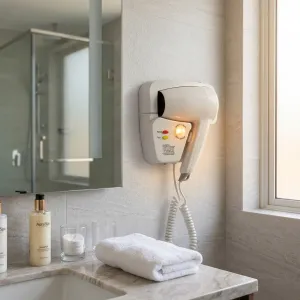 Luxury Wall Mounted Hotel Hair Dryer with Differential Safety Switch & Night Light Sensor Lifestyle View by Luxury Group International