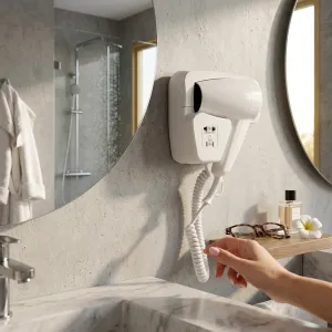 Luxury Wall Mounted Hotel Hair Dryer with Integrated Dual Voltage Shaver Socket Lifestyle View by Luxury Group International