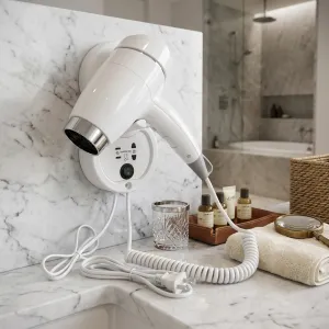 Luxury Wall Mounted Hotel Hair Dryer with Integrated Shaver Socket & IP21 Protection Lifestyle View by Luxury Group International