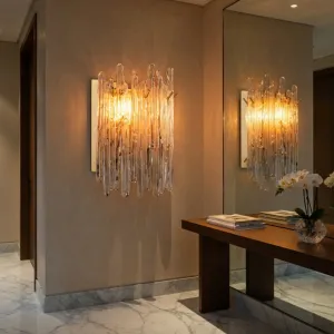 Luxury Wall Sconce in Clear Polished Metal with tube cluster glow Lifestyle View by Luxury Group International