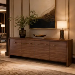 Luxury Walnut Brown Sideboard with Sculptural Brass Branch Handles - Luxury Hotel Furniture Lifestyle View by Luxury Group International