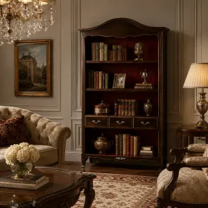 Luxuriöser Barock-Regalschrank mit Walnuss-Finish, 3 Schubladen und kontrastierendem purpurrotem Innenraum Lifestyle-Ansicht von Luxury Group International